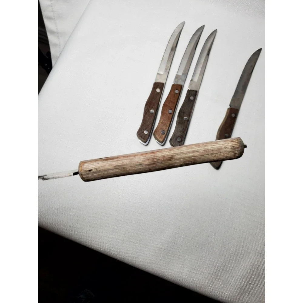Vintage Maxam Steel Steak Knife Set 6pc Serrated Blades Japan Wood Handles